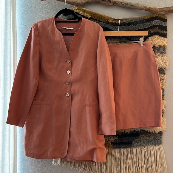 Vintage LAURA ASHLEY Silk Linen Dusty Rose Long Jacket Mini Skirt Suit Set 12-14
